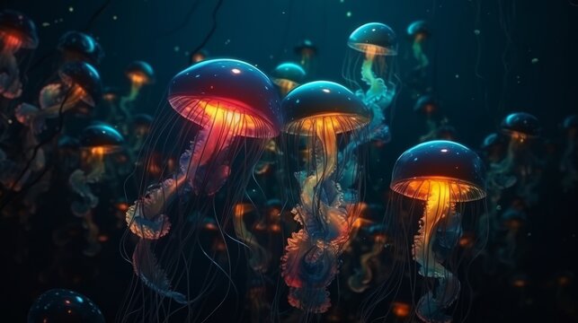 Illustration with bright glowing jellyfishes. Made with Generative AI.
