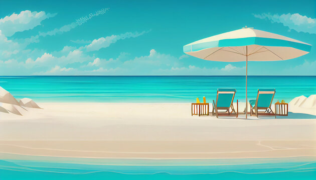 Vibrant Beach Panorama Illustration: White Sand, Chairs, Umbrella & Scenic Travel Tourism Background Generative AI