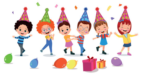 A cartoon of children celebrating a birthday with a birthday hat and a gift.