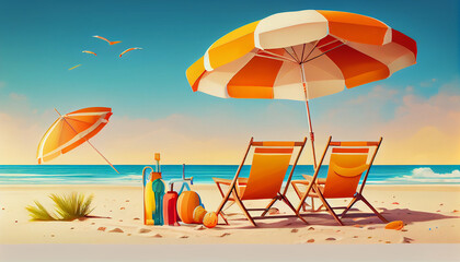 Fototapeta na wymiar Vibrant Beach Panorama Illustration: White Sand, Chairs, Umbrella & Scenic Travel Tourism Background Generative AI