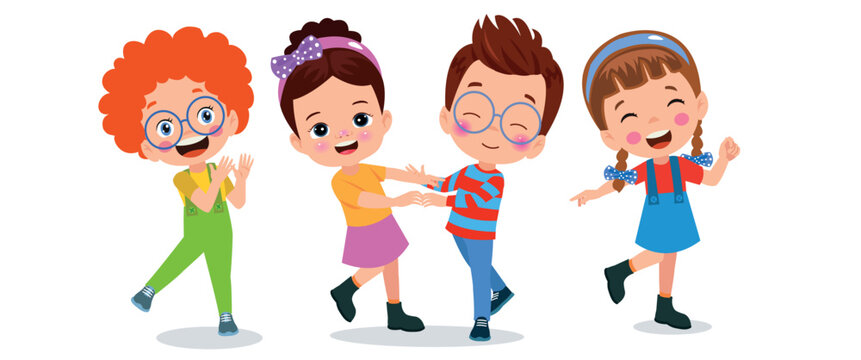 A cartoon of children holding hands and dancing.