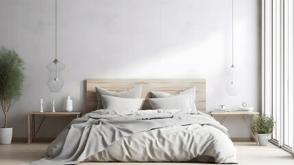 home interior, scandinavian style bedroom mock up, 3d rendering