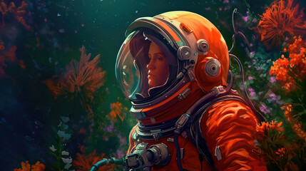 Woman astronaut on an alien planet, standing surrounded by flowers, in dark orange tones. In the style of spatial concept art. Generative AI