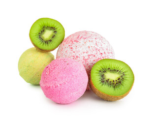Bath bombs with kiwi on white background