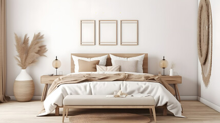 Horizontal frame mockup in boho bedroom interior with wooden bed, beige fringed blanket, cushion with tassels, dried pampas grass, basket and wicker lamp on white wall. 3d rendering, 3d illustration