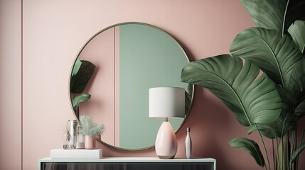 Empty photo frame stand on white shelf with plant. Generative Ai
