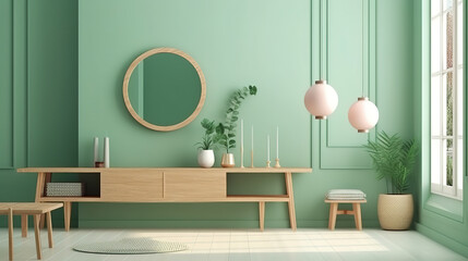 Mock up frame in home interior background, pastel green room. Generative Ai