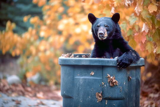 Black bear in a suburban trash can, Generative AI