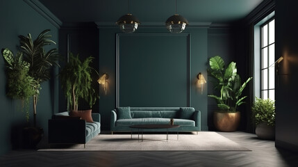 Luxury modern living room interior, dark green brown wall. Generative Ai