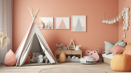Mock up frame in children room, Scandi-Boho style interior background. Generative Ai
