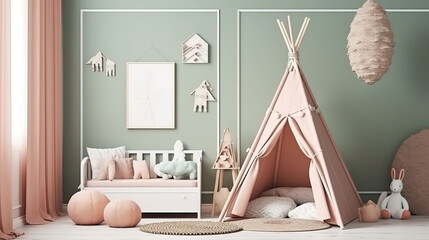 Creative scandi childs room interior with mock up. Generative Ai