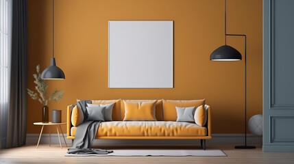 Mock up poster in home interior with minimal furniture, 3d render, Bright color. Generative Ai