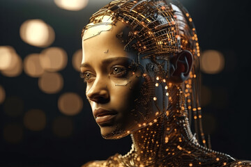 A humanoid cyber girl with a neural network thinks. Golden robot woman or humanoid cyber girl. Artificial intelligence with a digital brain learns to process large amounts of data. Generative AI