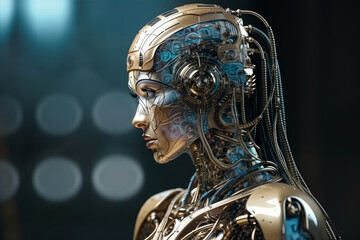A humanoid cyber girl with a neural network thinks. Golden robot woman or humanoid cyber girl. Artificial intelligence with a digital brain learns to process large amounts of data. Generative AI