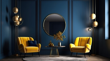 Modern dark blue home interior with yellow armchairs, 3d render. Generative Ai