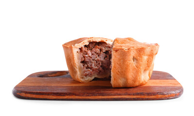 Wooden board with tasty meat pot pie on white background