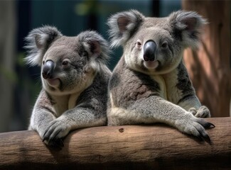 Koalas are sitting on a branch at the zoo