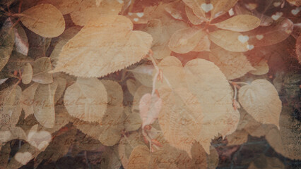 Wallpaper with autumn leaves, heart shapes and hand lettering for mother's or valentine's day. Copy space
