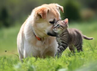 Naklejka na ściany i meble Dog enjoying a kitten playing in the meadow