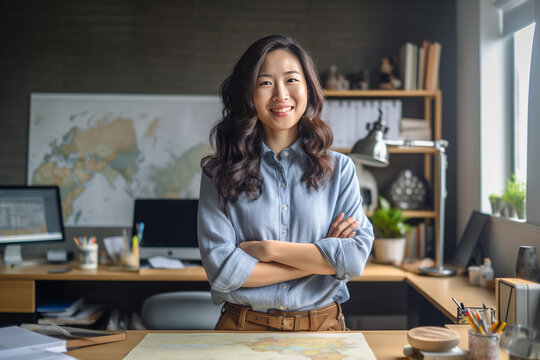 Casual portrait of a designer in her office standing by her desk, daylight coming through the window, corporate photography, Asian woman. made with ai