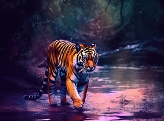 Forest tiger crossing stream