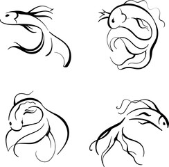 Four fish, contours. Painted abstract fish, beautiful lines. Tattoo. Vector fish for tattoos, signage, logos, colorings.