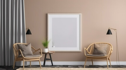 Frame mockup in brown farmhouse living room interior, 3d render. Generative Ai