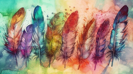 Colorful feathers on watercolor background. Digital art painting. Boho style.generative ai