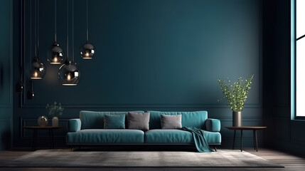 3d rendering of design interior living room with sofa. Generative Ai