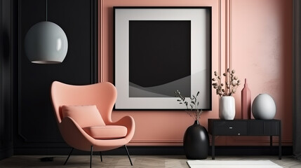 Home mockup, vertical black frame in living room interior background. Generative Ai