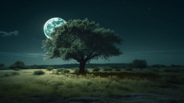 Beautiful fantasy landscape with tree and full moon.generative ai
