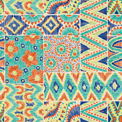 Seamless bohemian pattern. Grunge vintage texture. Ornament in the style of patchwork. Vector illustration. - 599079407