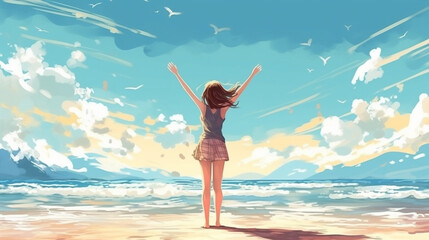 Silhouette of a woman with arms raised at sunset. generative ai