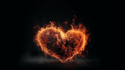 Burning heart on black background, generative ai