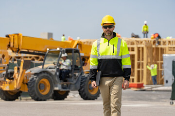 Worker builder at construction site. Bilder in hardhat. Construction man with helmet. Worker at...