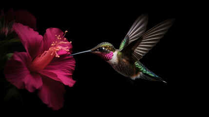 Hummingbird in flight with pink flower isolated on black background.generative ai
