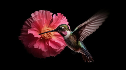 Hummingbird in flight with pink flower isolated on black background.generative ai