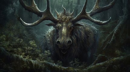 Fantasy scene with moose in the forest.generative ai