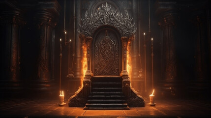 Mystical dark interior with golden door and golden stairs.generative ai