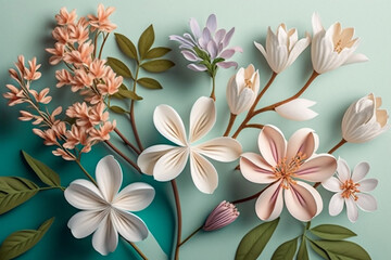 Composition of flower on green pastel background. Table top view in flat lay style. Illustration for Mother's day, Women's day, Valentines Day, Birthday and Wedding. Generative Ai.