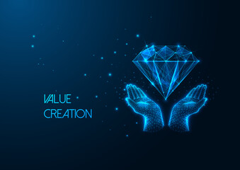 Futuristic Value creation in business idea concept with glowing hands holding diamond on dark blue Generative AI