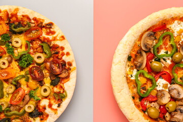 Vegetable pizzas with on colorful background