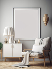 Mockup poster frame in modern living room interior. Template. Stylish home decor. AI-generated image
