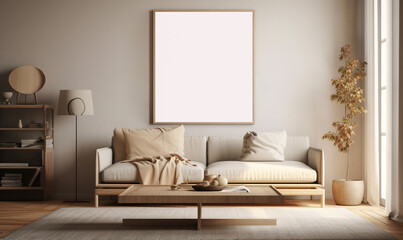 Fototapeta na wymiar Mockup poster frame in modern living room interior. Template. Stylish home decor. AI-generated image