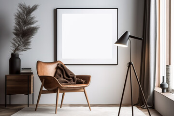 Mockup poster frame in modern living room interior. Template. Stylish home decor. AI-generated image