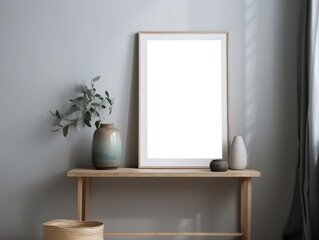 Mockup poster frame in modern living room interior. Template. Stylish home decor. AI-generated image