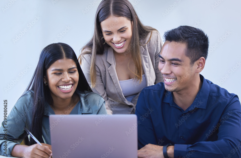 Poster Working together to make it all happen. a group of businesspeople working together on a laptop in an office.