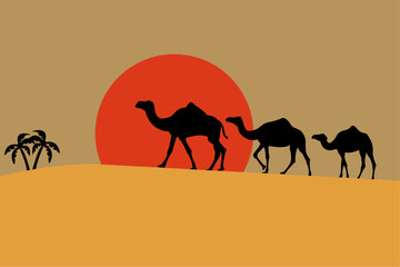Silhouette of a camel caravan in the desert