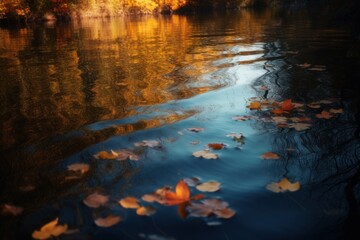 Fototapeta na wymiar Stunning close-up photograph of a calm body of water with floating fallen leaves, reflecting the beauty of the autumn environment. Created with generative A.I. technology.