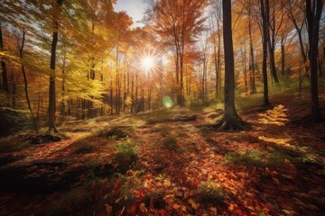 Fototapeta premium Breathtaking wide-angle photograph of a vibrant autumn landscape, capturing the peak of fall foliage in a colorful forest. Created with generative A.I. technology.